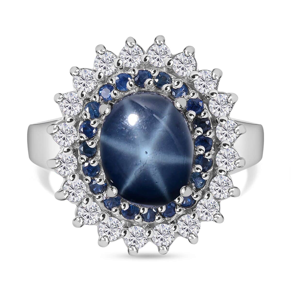 Premium Blue Star Sapphire (DF) and Multi Gemstone Floral Ring in Platinum Over Sterling Silver (Size 10.0) 5.20 ctw image number 0