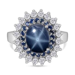 Premium Blue Star Sapphire (DF) and Multi Gemstone Floral Ring in Platinum Over Sterling Silver (Size 10.0) 5.20 ctw