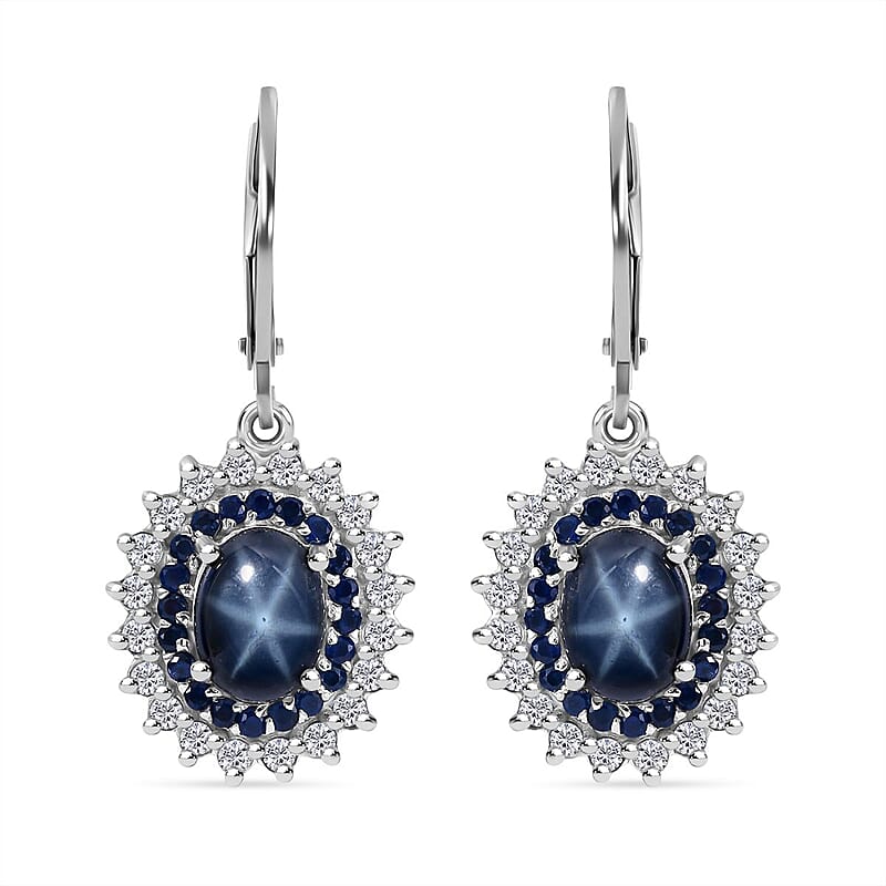 Premium Blue Star Sapphire (DF) and Multi Gemstone Floral Lever Back Earrings in Platinum Over Sterling Silver 5.25 ctw