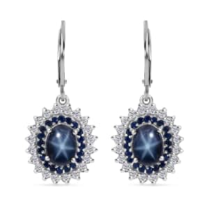 Premium Blue Star Sapphire (DF) and Multi Gemstone Floral Lever Back Earrings in Platinum Over Sterling Silver 5.25 ctw