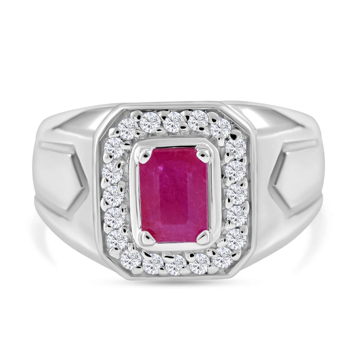 Mozambique Ruby, Moissanite Men's Ring in Platinum Over Sterling Silver (Size 10.0) 1.50 ctw image number 0