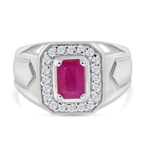 Montepuez Ruby and Moissanite Men's Ring in Platinum Over Sterling Silver (Size 10.0) 1.50 ctw