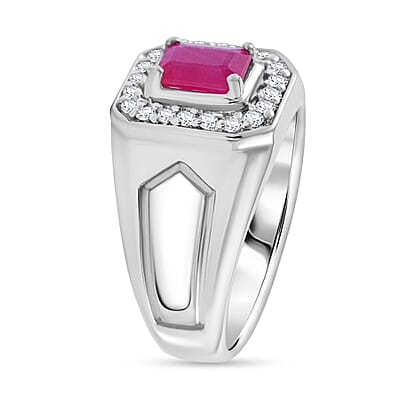 Montepuez Ruby and Moissanite Men's Ring in Platinum Over Sterling Silver (Size 10.0) 1.50 ctw