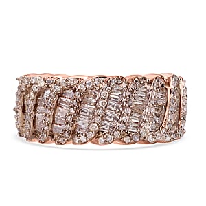 Natural Champagne Diamond Wave Ring in Vermeil Rose Gold Over Sterling Silver (Size 10.0) 1.00 ctw