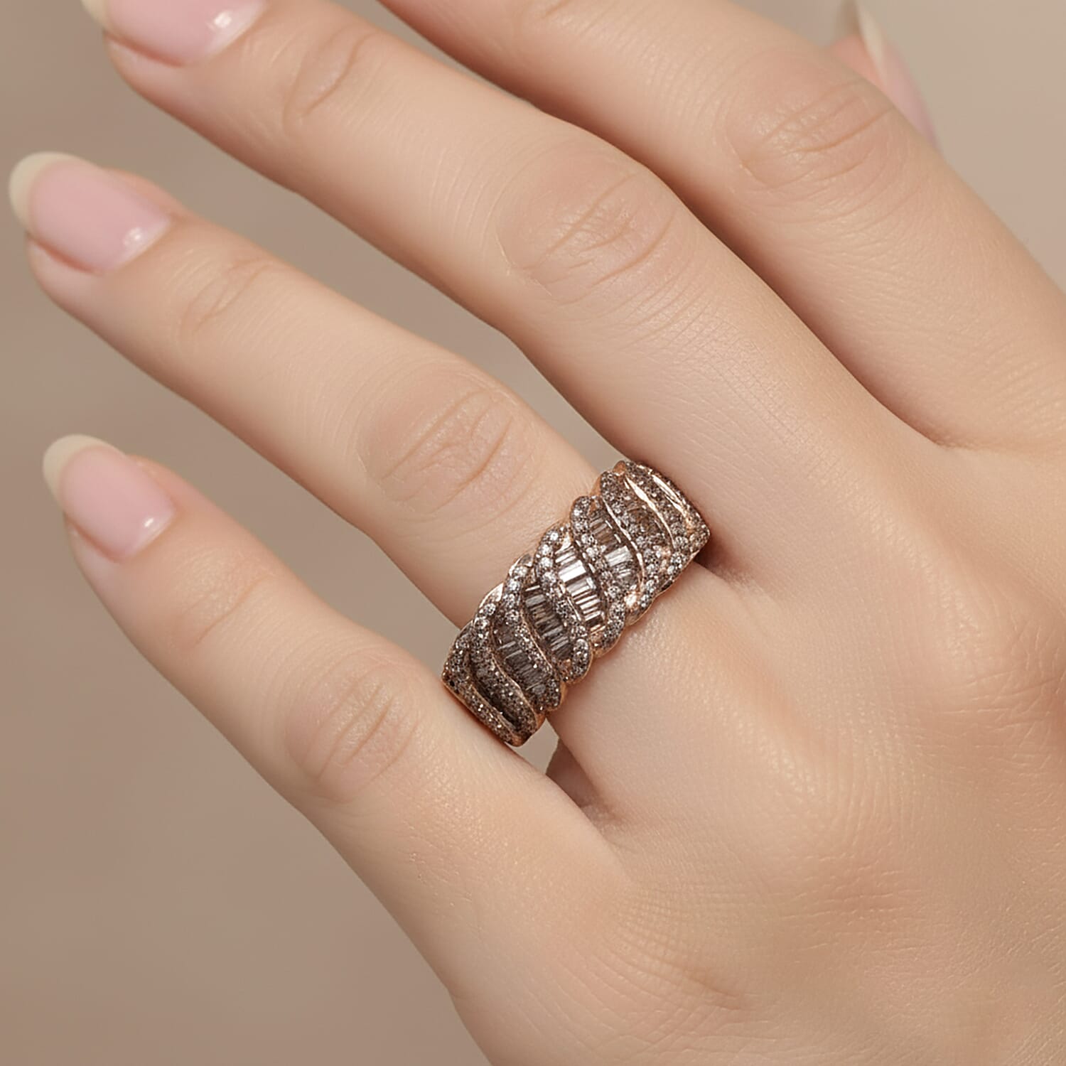 D'Joy Natural Champagne Diamond 1.00 ctw Wave Ring in 18K Vermeil Rose Gold Over Sterling Silver (Size 5.0)