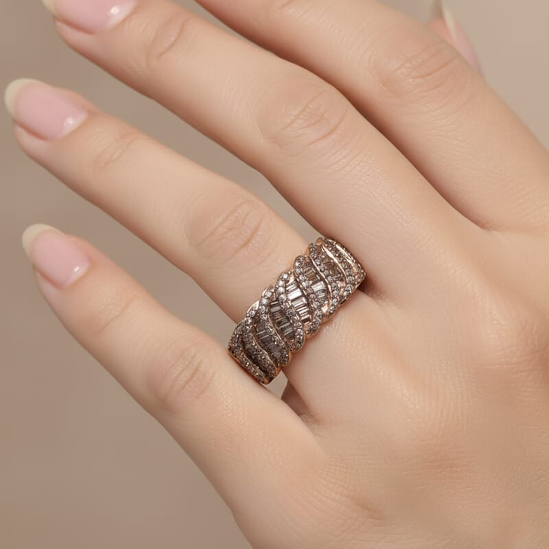 D'Joy Natural Champagne Diamond 1.00 ctw Wave Ring in 18K Vermeil Rose Gold Over Sterling Silver (Size 5.0)