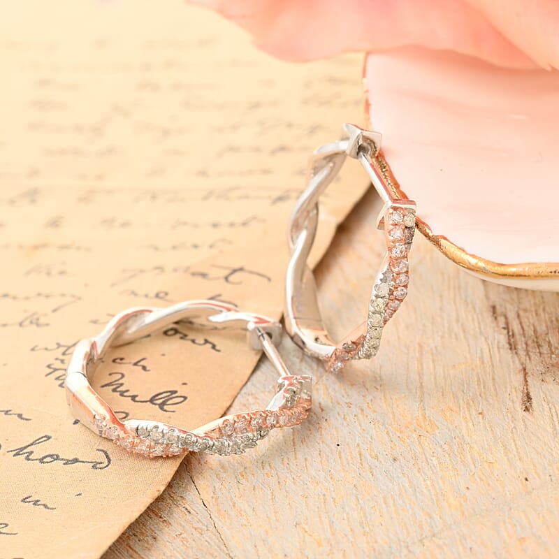 Natural Pink and White Diamond I3 Hoop Earrings in Vermeil Rose Gold and Platinum Over Sterling Silver 0.25 ctw