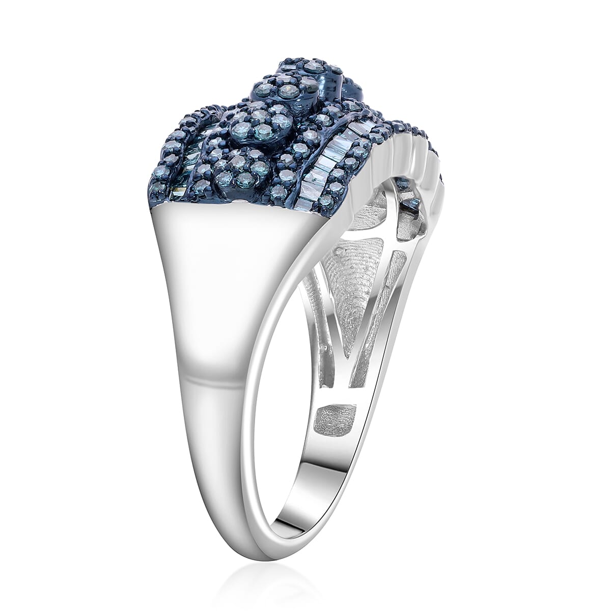 Blue Diamond Ring in Platinum Over Sterling Silver (Size 6.0) 1.00 ctw image number 4
