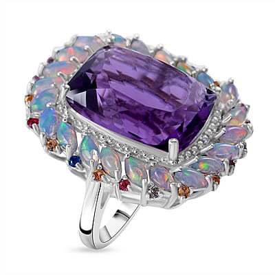 AAA African Amethyst and Multi Gemstone Cocktail Ring in Platinum Over Sterling Silver (Size 10.0) 16.50 ctw