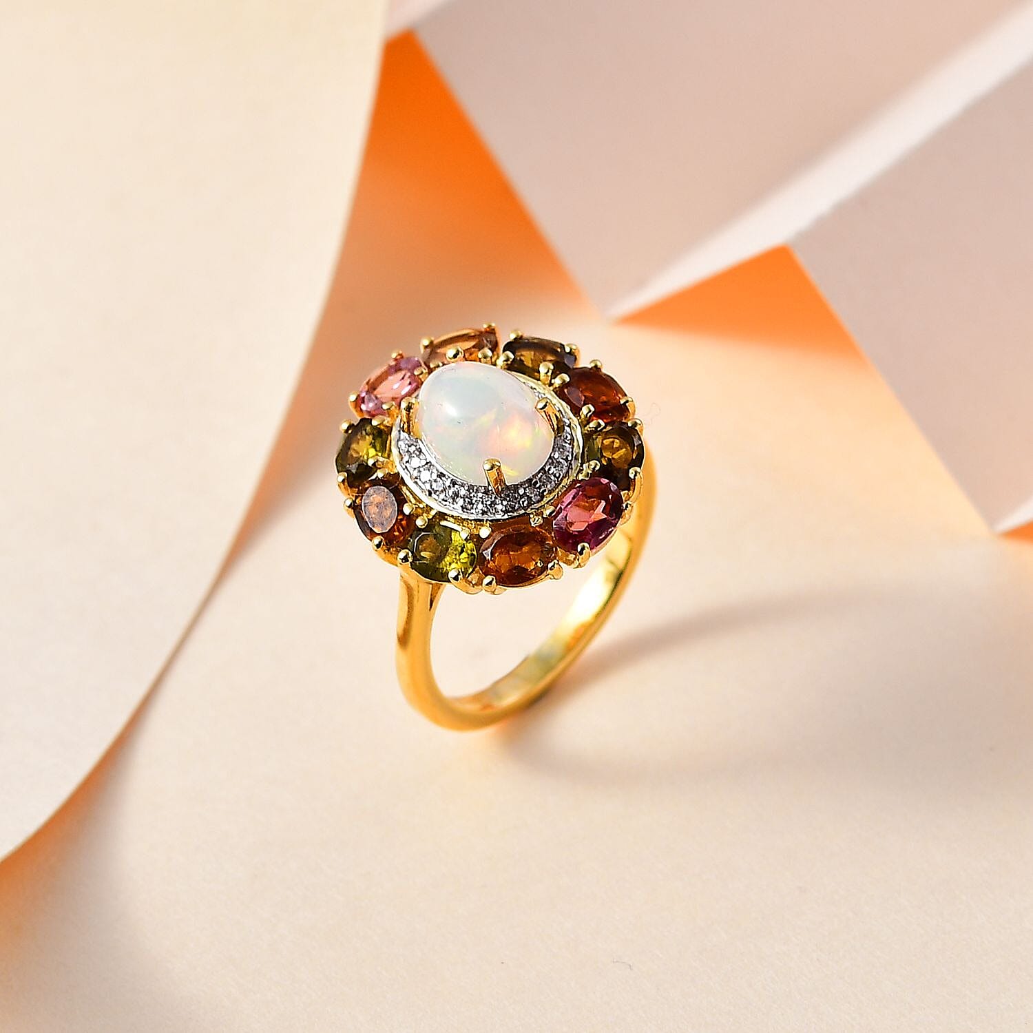 Ethiopian Welo Opal and Multi Gemstone Cocktail Ring in Vermeil Yellow Gold Over Sterling Silver (Size 10.0) 2.80 ctw