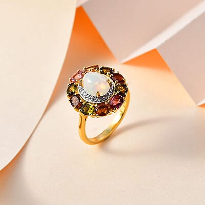 Ethiopian Welo Opal and Multi Gemstone Cocktail Ring in Vermeil Yellow Gold Over Sterling Silver (Size 10.0) 2.80 ctw