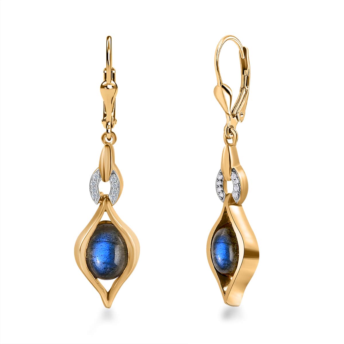 Malagasy Labradorite and White Zircon Lever Back Earrings in Vermeil Yellow Gold Over Sterling Silver 4.35 ctw image number 0