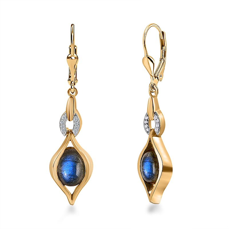 D'Joy Malagasy Labradorite and White Zircon Lever Back Earrings in Vermeil Yellow Gold Over Sterling Silver 4.35 ctw