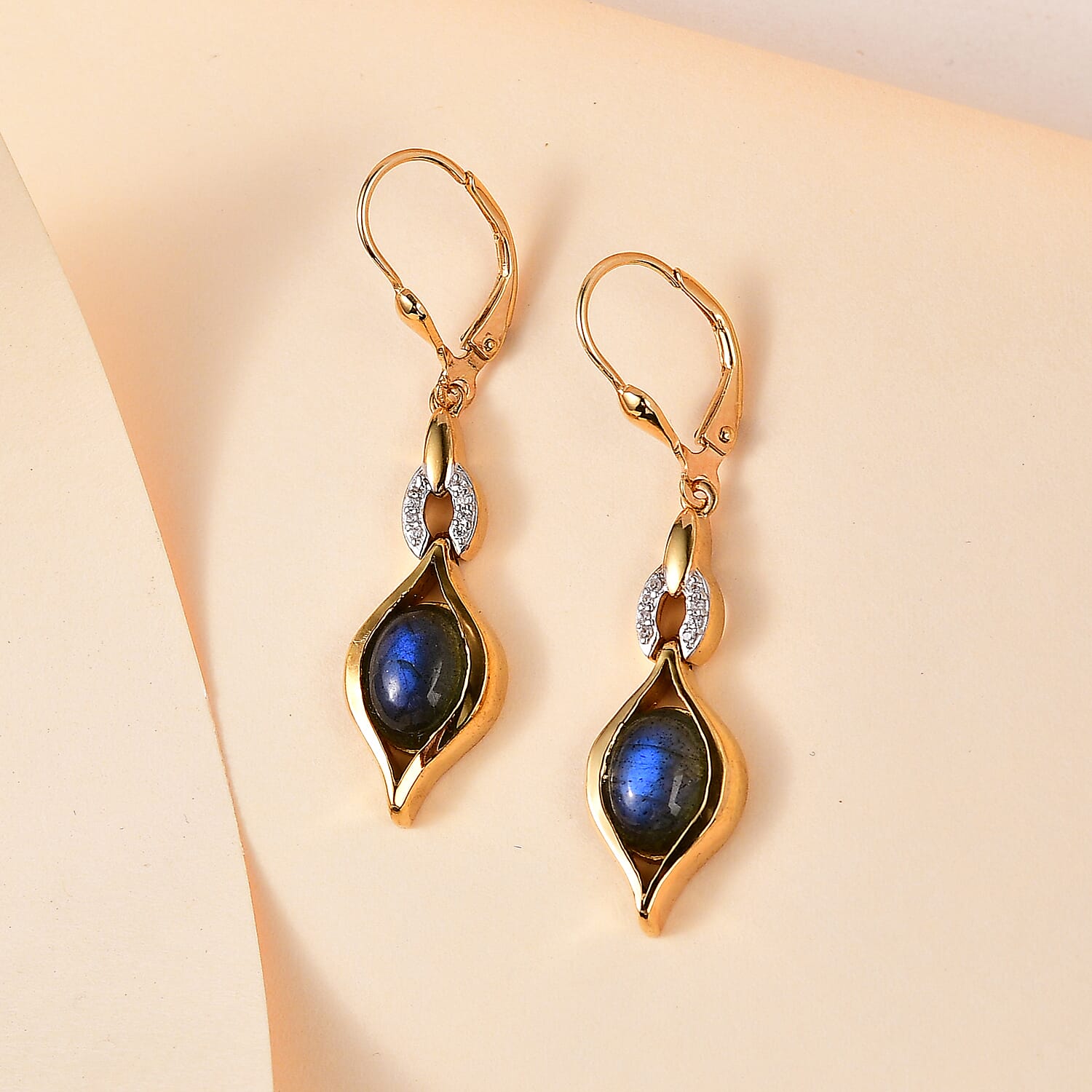D'Joy Malagasy Labradorite and White Zircon Lever Back Earrings in Vermeil Yellow Gold Over Sterling Silver 4.35 ctw