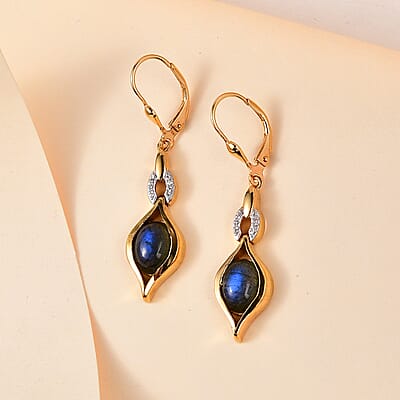 D'Joy Malagasy Labradorite and White Zircon Lever Back Earrings in Vermeil Yellow Gold Over Sterling Silver 4.35 ctw