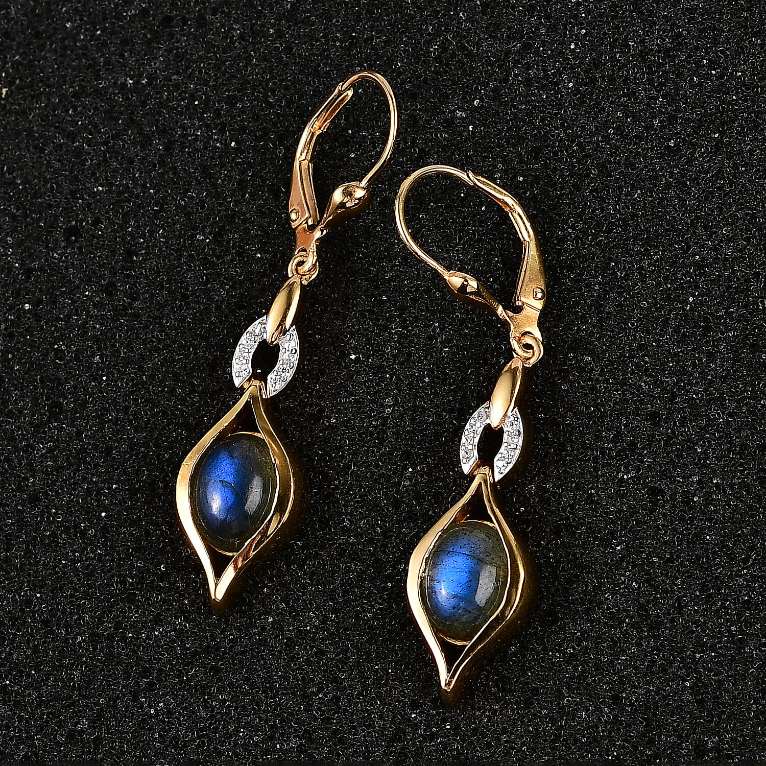 D'Joy Malagasy Labradorite and White Zircon Lever Back Earrings in Vermeil Yellow Gold Over Sterling Silver 4.35 ctw