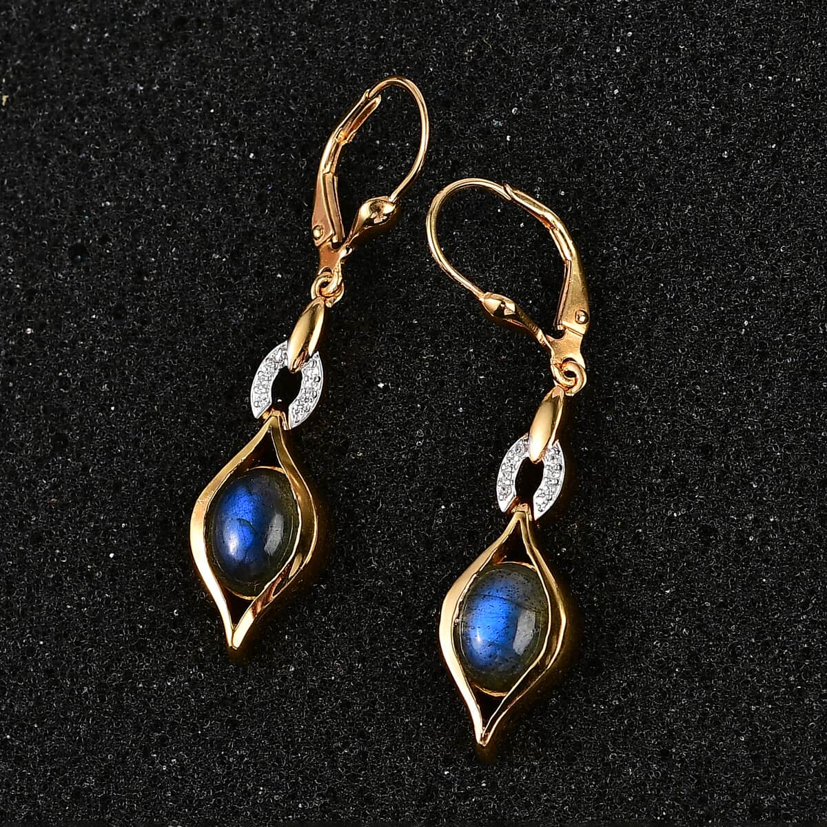 Malagasy Labradorite and White Zircon Lever Back Earrings in Vermeil Yellow Gold Over Sterling Silver 4.35 ctw image number 2