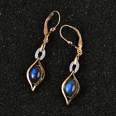D'Joy Malagasy Labradorite and White Zircon Lever Back Earrings in Vermeil Yellow Gold Over Sterling Silver 4.35 ctw