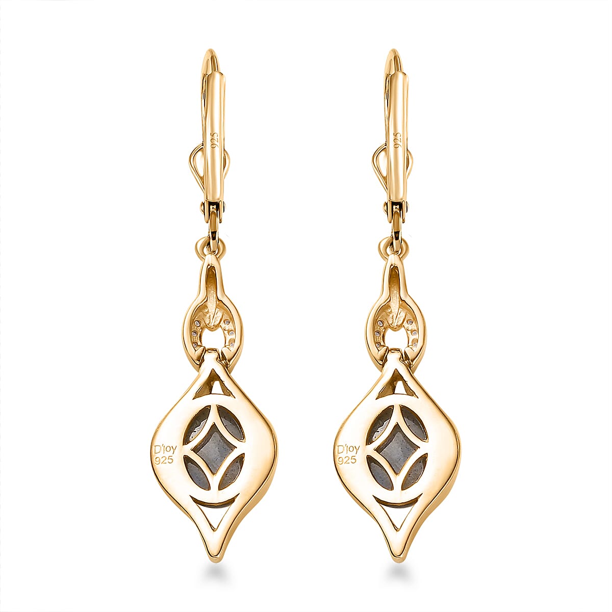 D'Joy Malagasy Labradorite and White Zircon Lever Back Earrings in Vermeil Yellow Gold Over Sterling Silver 4.35 ctw