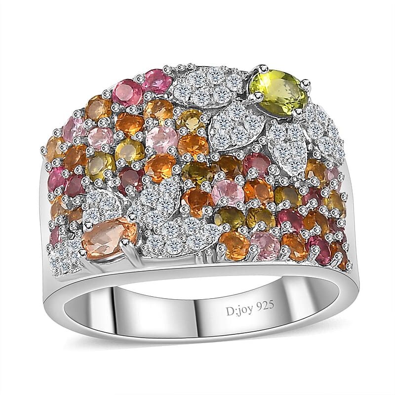 Natural Calabar Green Tourmaline, Multi-Tourmaline and Moissanite Ring in Platinum Over Sterling Silver (Size 10.0) 2.35 ctw