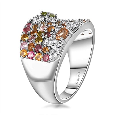 Natural Calabar Green Tourmaline, Multi-Tourmaline and Moissanite Ring in Platinum Over Sterling Silver (Size 10.0) 2.35 ctw