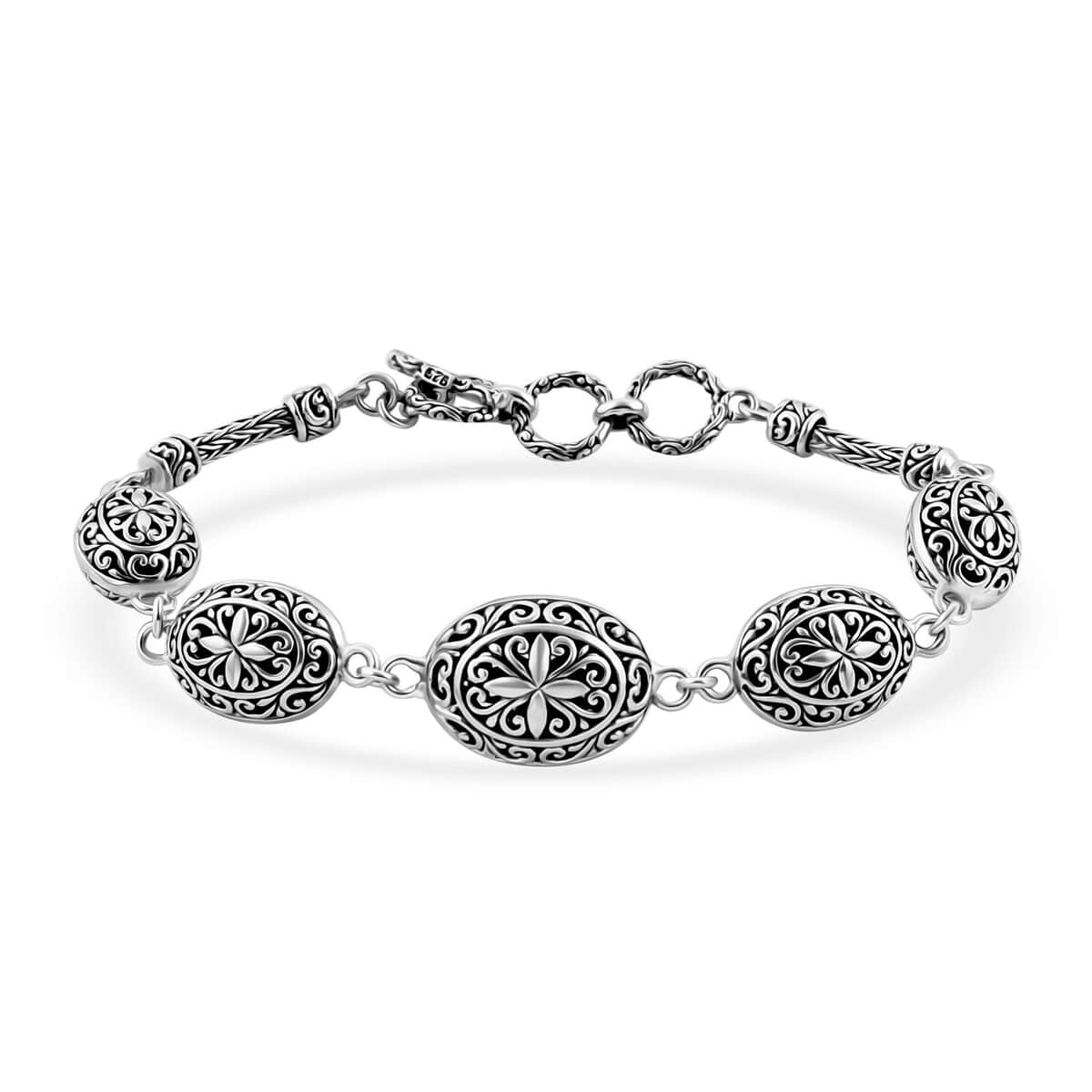 Bali Legacy Oval Filigree Floral Toggle Clasp Bracelet in Sterling Silver (6.50-8.0In) 18 Grams image number 0