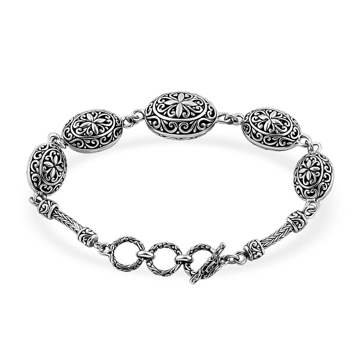 Bali Legacy Oval Filigree Floral Toggle Clasp Bracelet in Sterling Silver (6.50-8.0In) 18 Grams image number 3