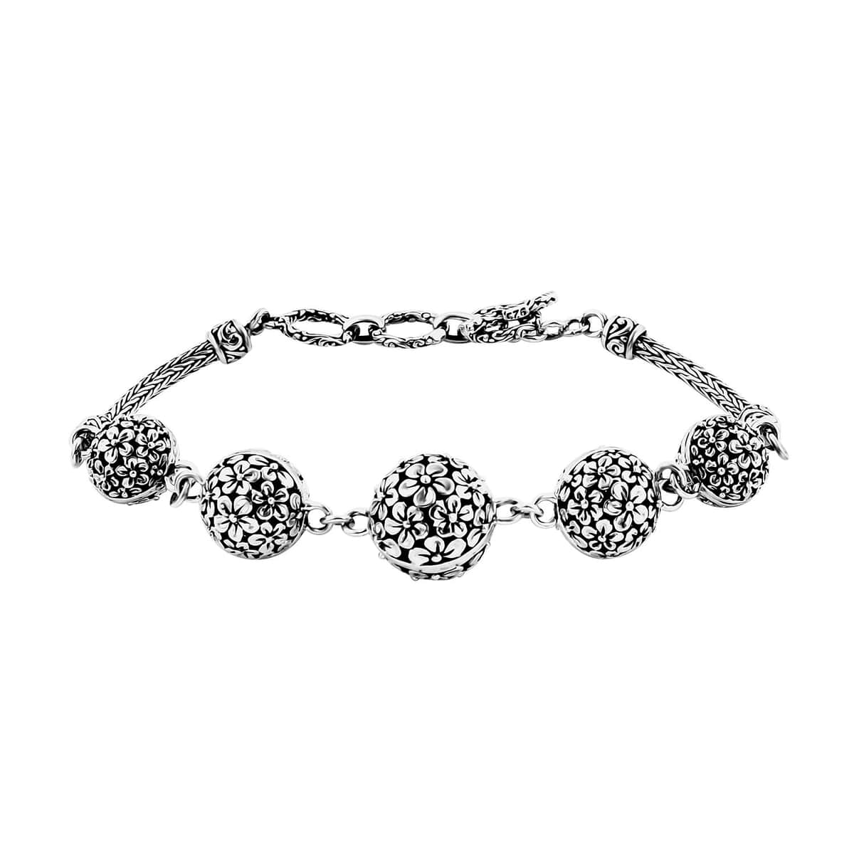 Bali Legacy Round Filigree Frangipani Floral Toggle Clasp Bracelet in Sterling Silver (6.50-8.0In) 18.30 Grams image number 0