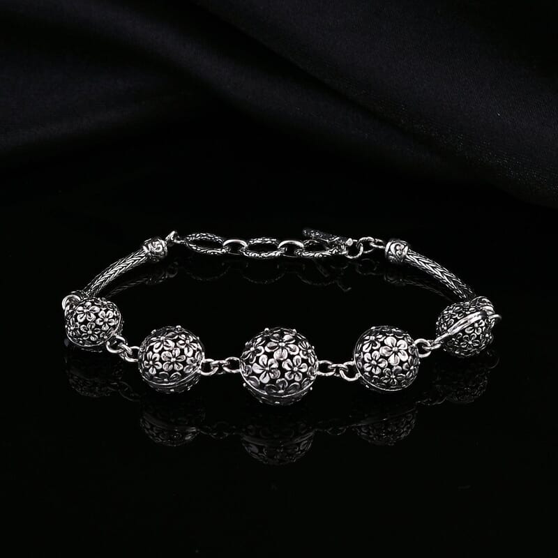 Bali Legacy Round Filigree Frangipani Floral Toggle Clasp Bracelet in Sterling Silver (6.50-8.0In) 18.30 Grams