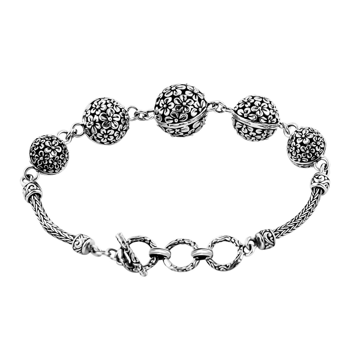 Bali Legacy Round Filigree Frangipani Floral Toggle Clasp Bracelet in Sterling Silver (6.50-8.0In) 18.30 Grams image number 3