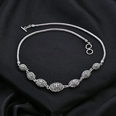 Bali Legacy Oval Filigree Floral Toggle Clasp Necklace in Sterling Silver 29.70 Grams 20 Inches