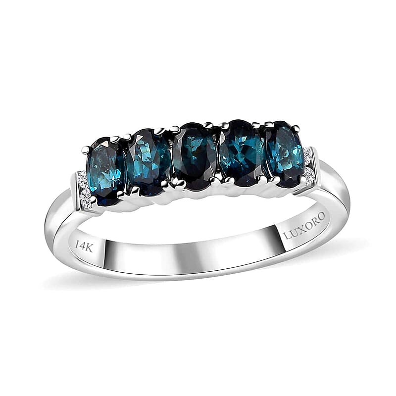 Luxoro 14K White Gold AAA Monte Belo Indicolite and G-H I2 Diamond 5 Stone Ring (Size 10.0) 1.35 ctw