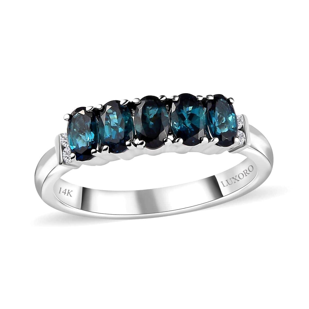 Luxoro 14K White Gold AAA Monte Belo Indicolite and G-H I2 Diamond 5 Stone Ring (Size 9.5) 1.35 ctw image number 0