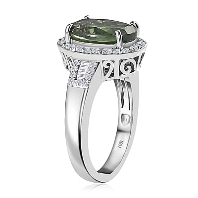 Luxoro 10K White Gold AAA Tanzania Natural Green Apatite and G-H I2 Diamond Ring (Size 10.0) 5.35 Grams 4.10 ctw