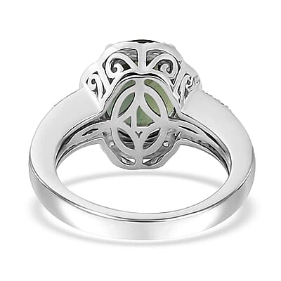 Luxoro 10K White Gold AAA Tanzania Natural Green Apatite and G-H I2 Diamond Ring (Size 10.0) 5.35 Grams 4.10 ctw