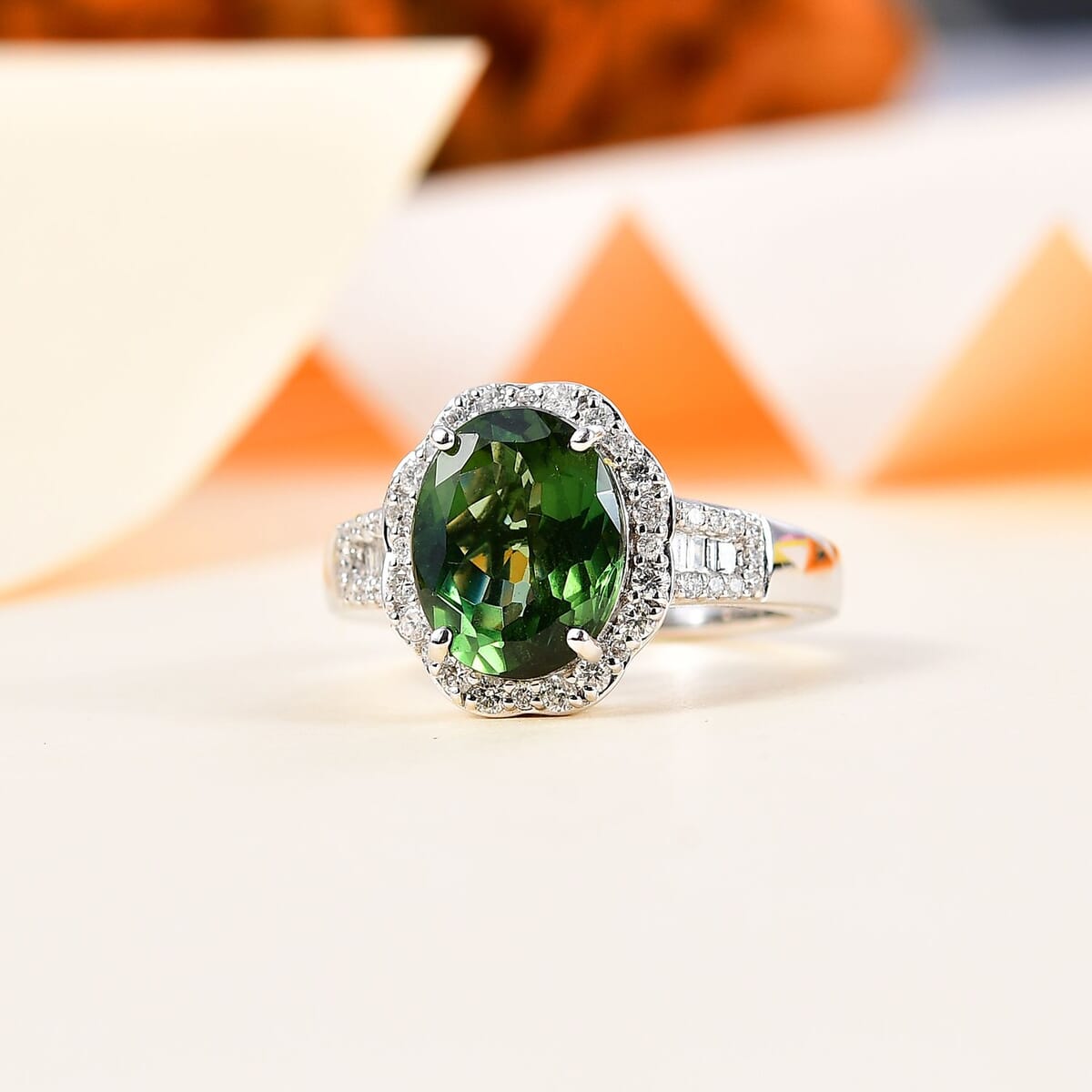 Luxoro 10K White Gold AAA Tanzania Natural Green Apatite and G-H I2 Diamond Ring (Size 5.5) 5.35 Grams 4.10 ctw image number 1