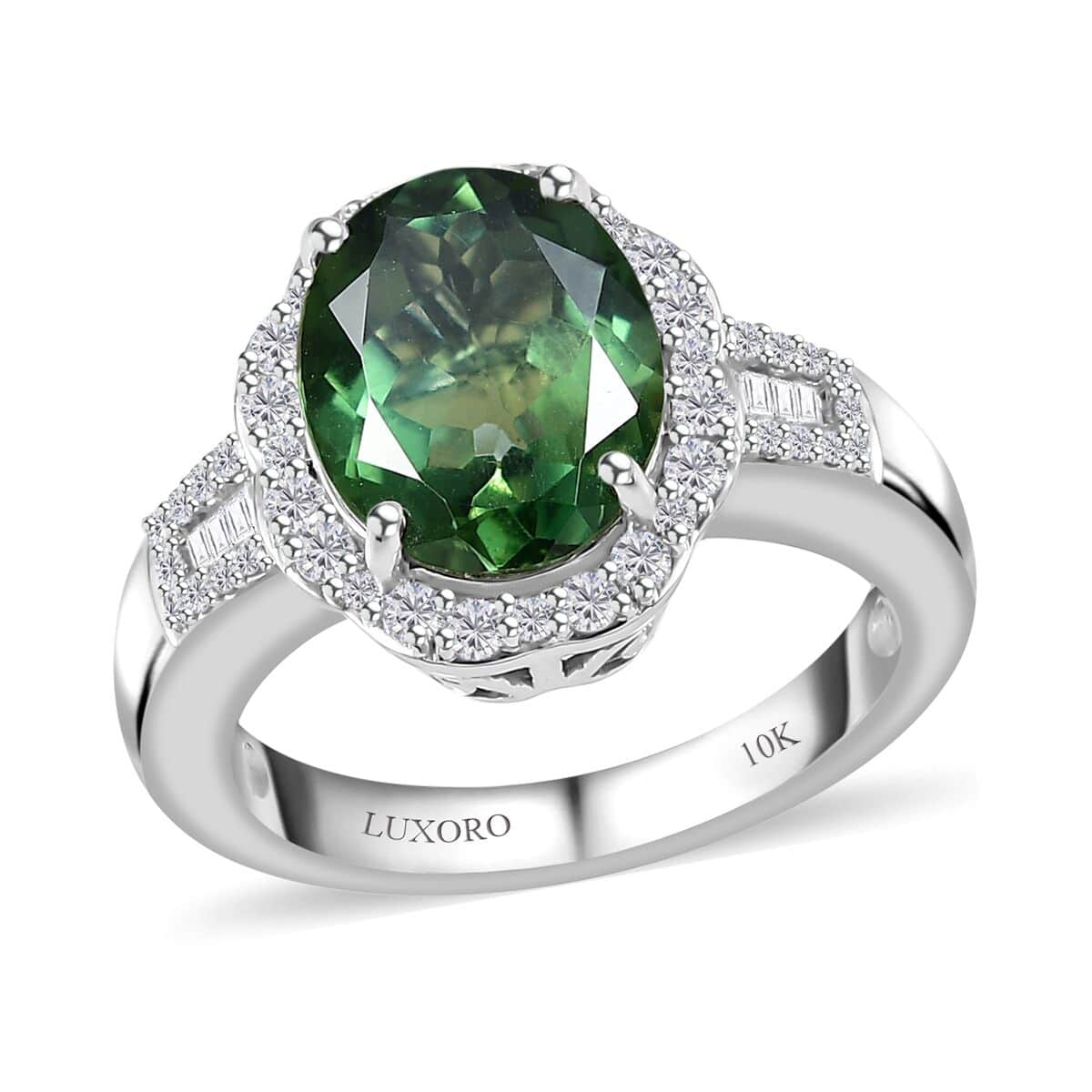 Luxoro 10K White Gold AAA Tanzania Natural Green Apatite and G-H I2 Diamond Ring (Size 7.0) 5.35 Grams 4.15 ctw (Del in 10-12 Days) image number 0