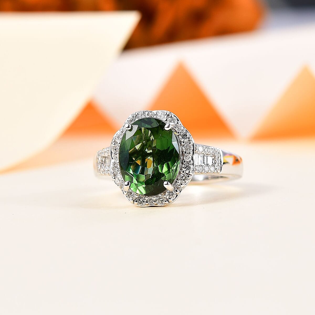 Luxoro 10K White Gold AAA Tanzania Natural Green Apatite and G-H I2 Diamond Ring (Size 8.0) 5.35 Grams 4.10 ctw (Del in 10-12 Days) image number 1