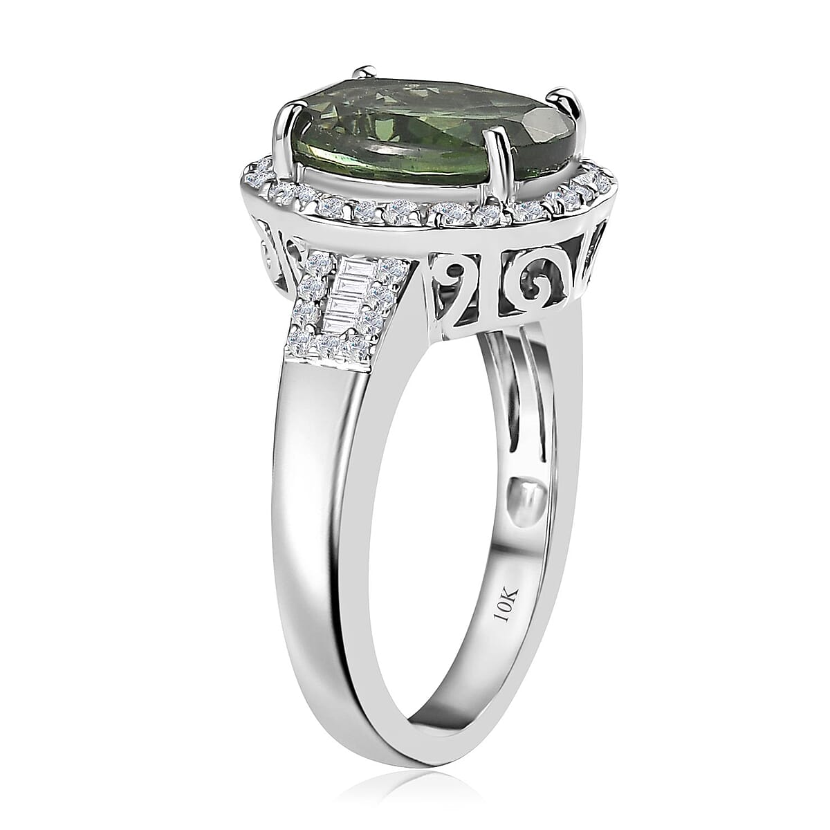 Luxoro 10K White Gold AAA Tanzania Natural Green Apatite and G-H I2 Diamond Ring (Size 8.0) 5.35 Grams 4.10 ctw (Del in 10-12 Days) image number 3