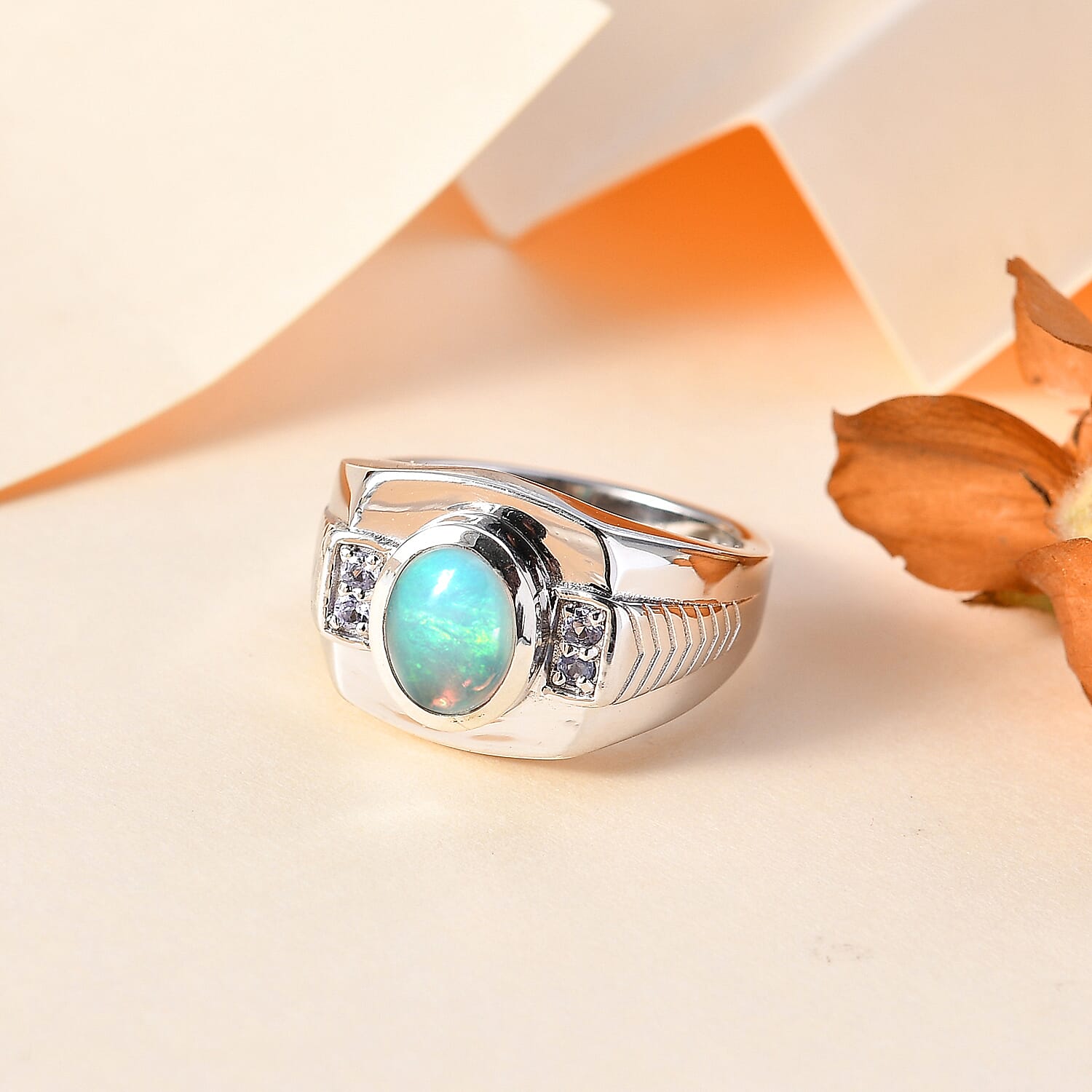 Premium Ethiopian Welo Opal and Tanzanite Men's Ring in Platinum Over Sterling Silver (Size 10.0) 1.40 ctw