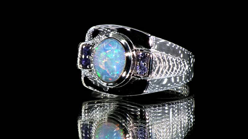 Premium Ethiopian Welo Opal and Tanzanite Men's Ring in Platinum Over Sterling Silver (Size 10.0) 1.40 ctw