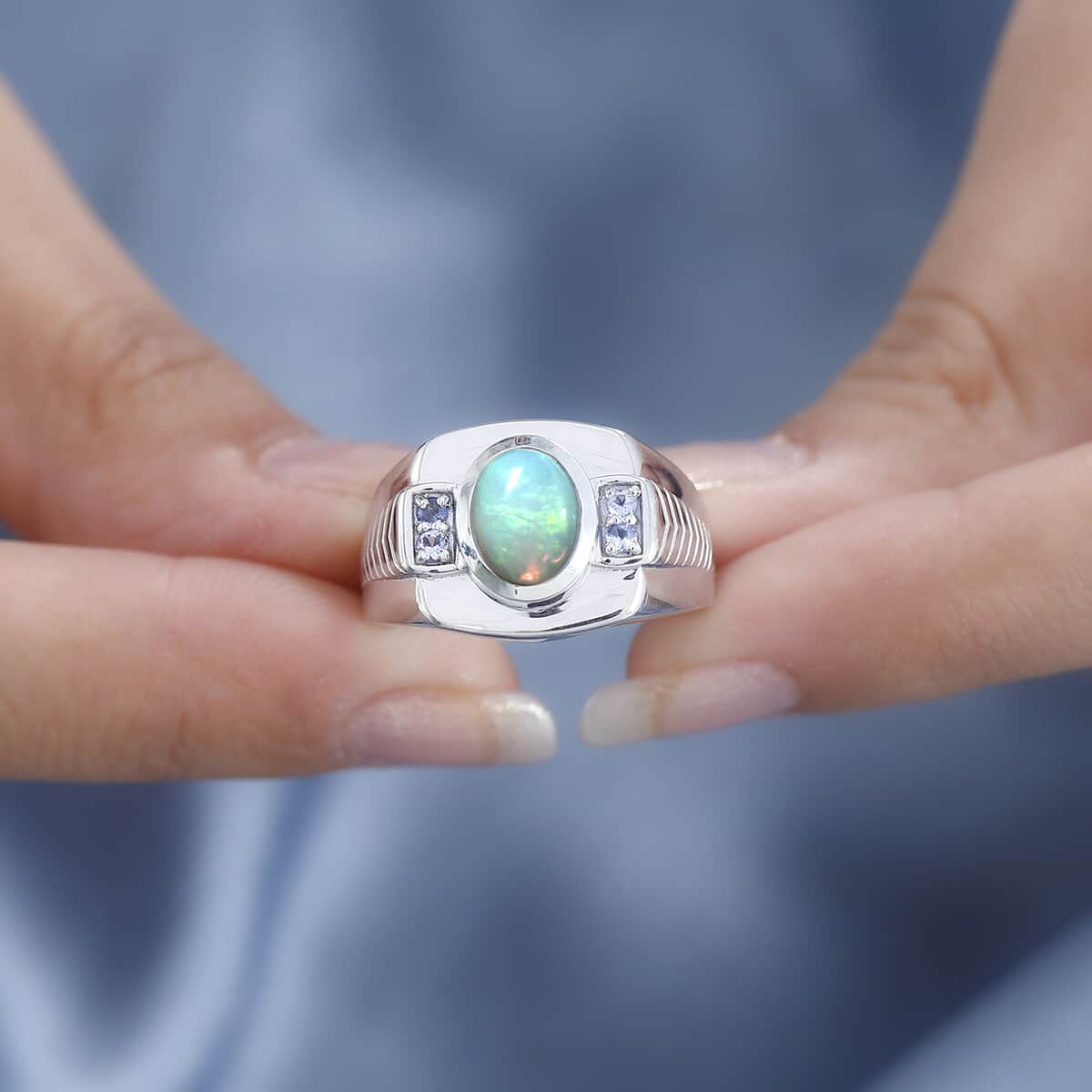 Premium Ethiopian Welo Opal and Tanzanite Men's Ring in Platinum Over Sterling Silver (Size 10.0) 1.40 ctw image number 2