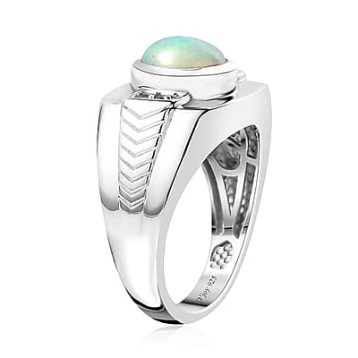 Premium Ethiopian Welo Opal and Tanzanite Men's Ring in Platinum Over Sterling Silver (Size 10.0) 1.40 ctw