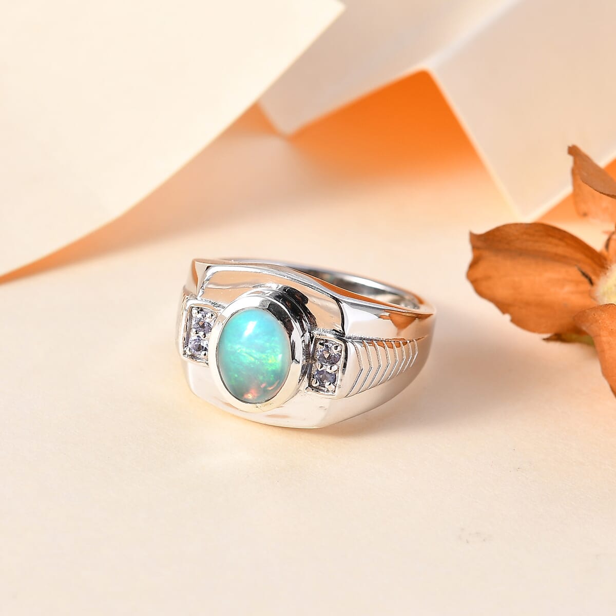 Premium Ethiopian Welo Opal and Tanzanite Men's Ring in Platinum Over Sterling Silver (Size 12.0) 1.40 ctw image number 1