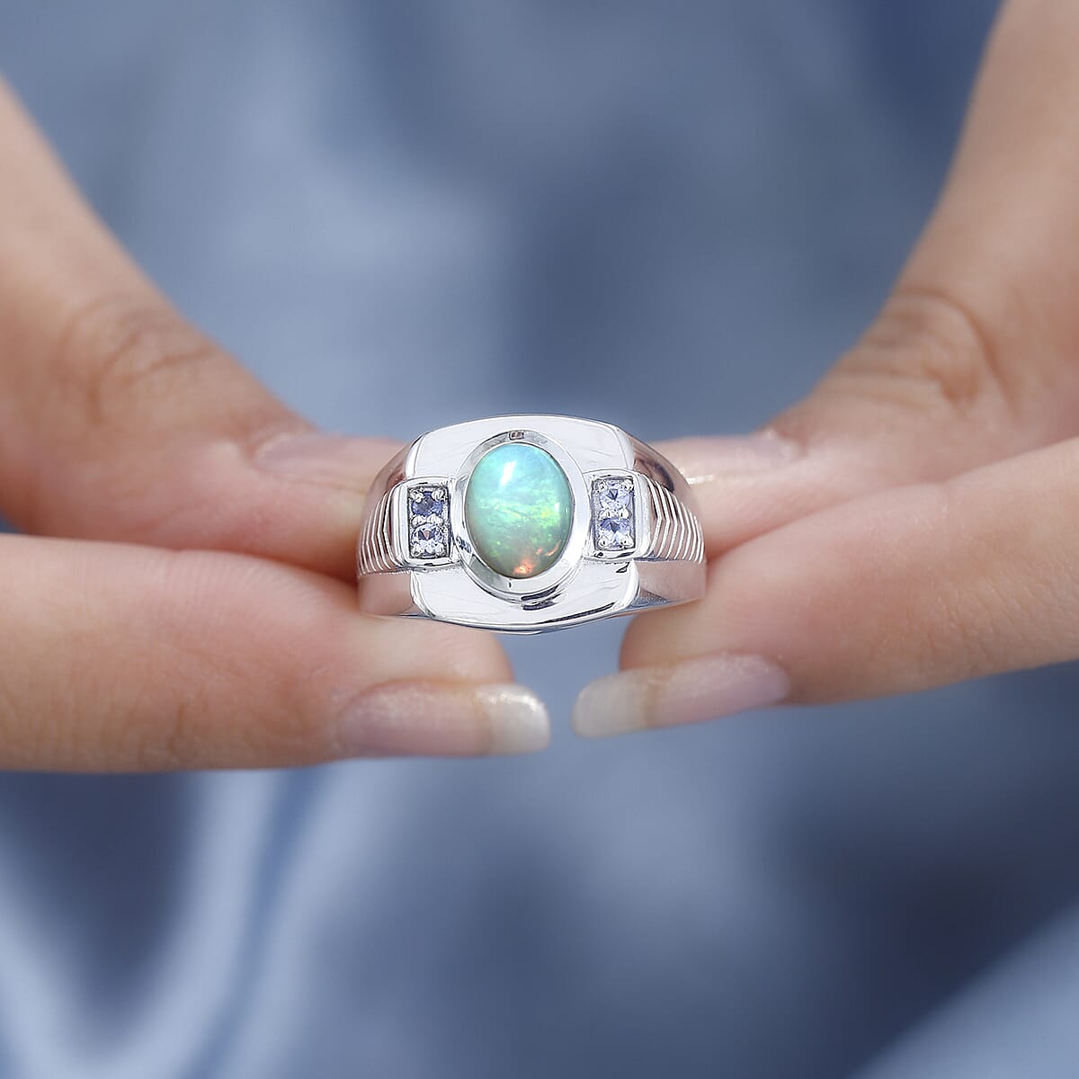 Premium Ethiopian Welo Opal and Tanzanite Men's Ring in Platinum Over Sterling Silver (Size 9.0) 1.40 ctw image number 2