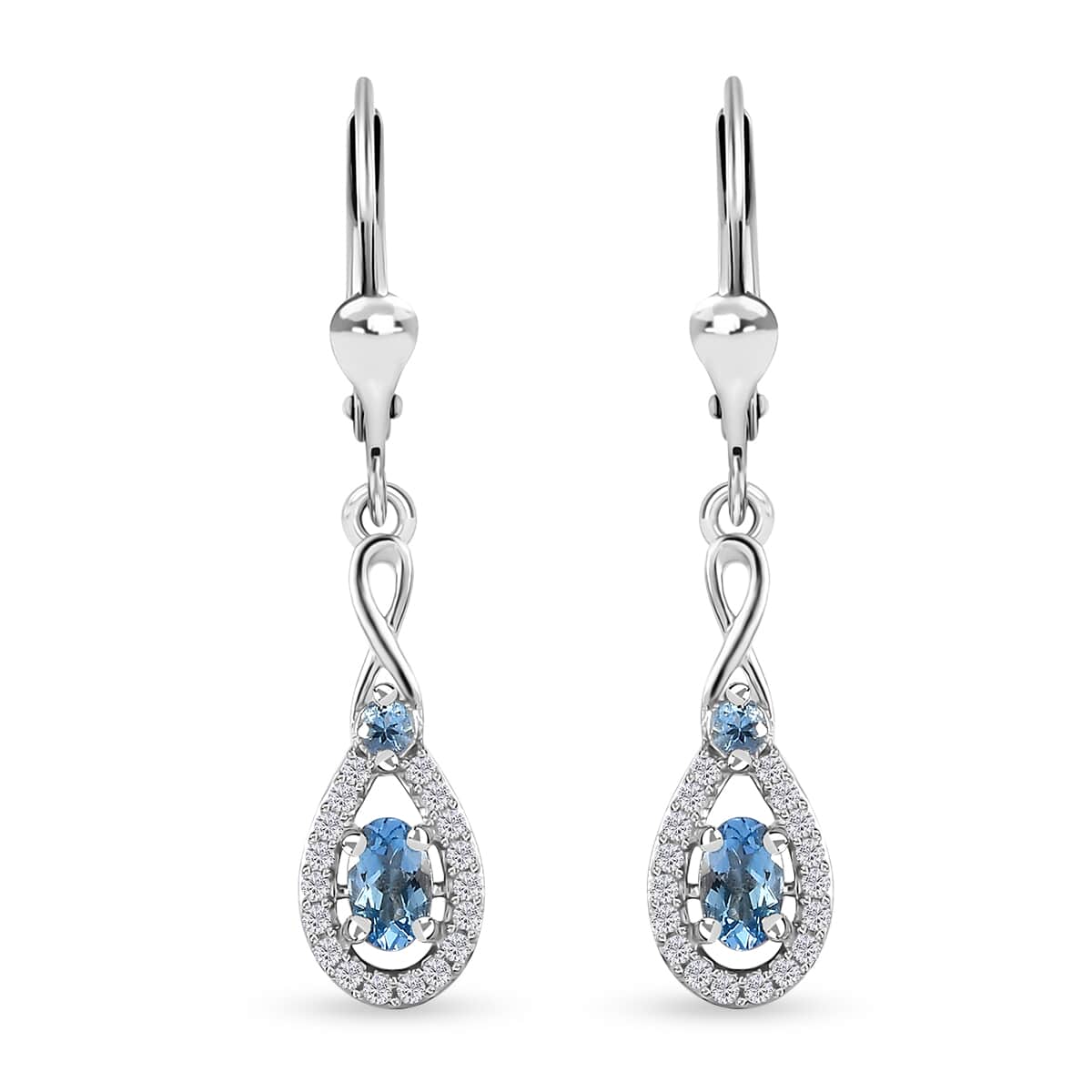 Santa Maria Aquamarine and White Zircon Lever Back Earrings in Platinum Over Sterling Silver 0.85 ctw image number 0