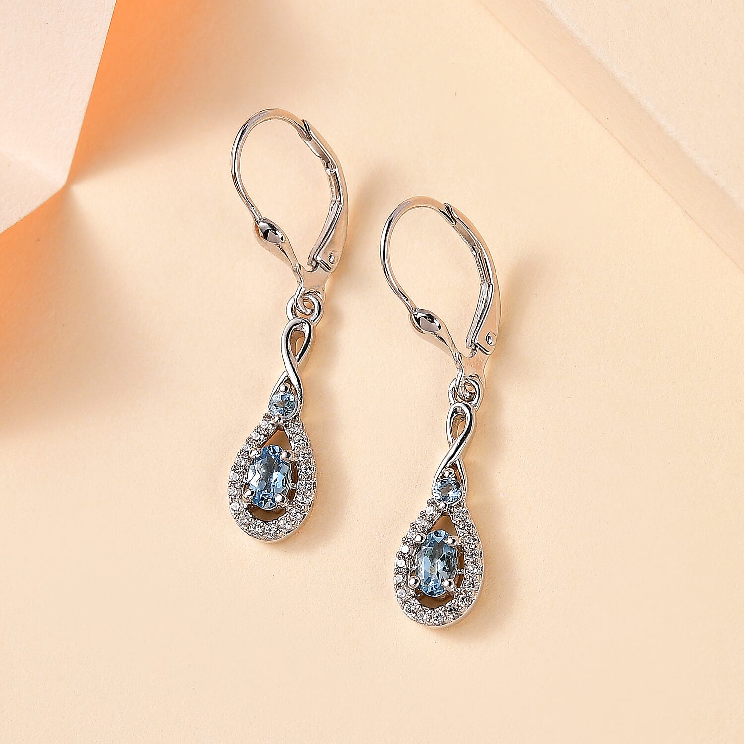 Santa Maria Aquamarine and White Zircon Lever Back Earrings in Platinum Over Sterling Silver 0.85 ctw