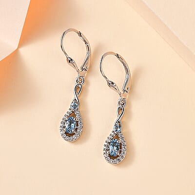 Santa Maria Aquamarine and White Zircon Lever Back Earrings in Platinum Over Sterling Silver 0.85 ctw