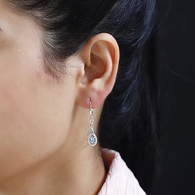 Santa Maria Aquamarine and White Zircon Lever Back Earrings in Platinum Over Sterling Silver 0.85 ctw