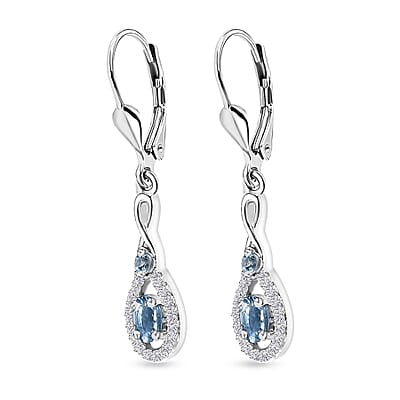 Santa Maria Aquamarine and White Zircon Lever Back Earrings in Platinum Over Sterling Silver 0.85 ctw